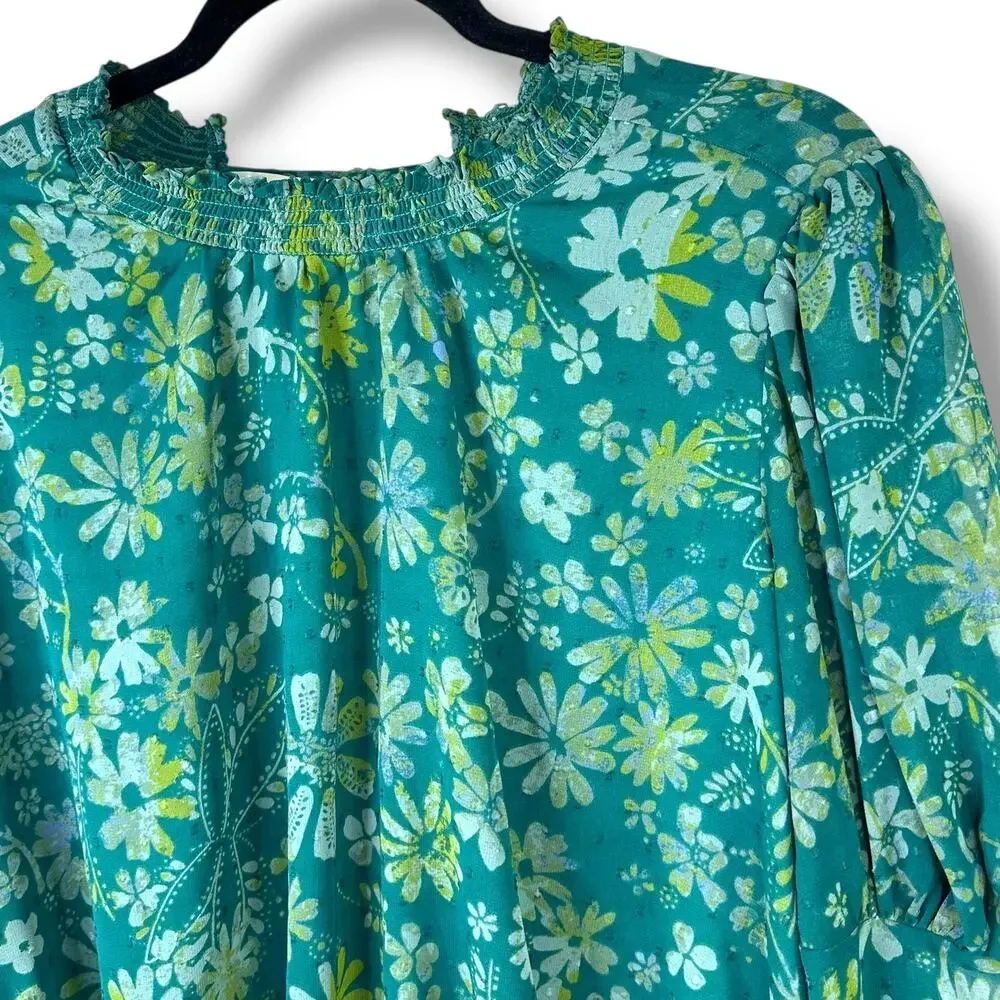 NEW Free People Sea Combo Clarissa Floral Print High Neck Smocked Blouse XS - Picture 5 of 9